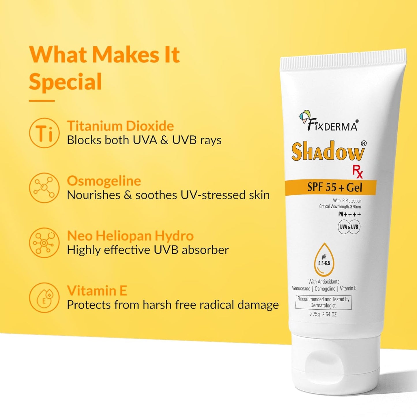 Fixderma Shadow RX Sunscreen SPF 55+ Gel PA++++ for Oily Skin | Sunscreen for Body & Face with UVA, UVB, IR Protection and Vitamin E - 75gm