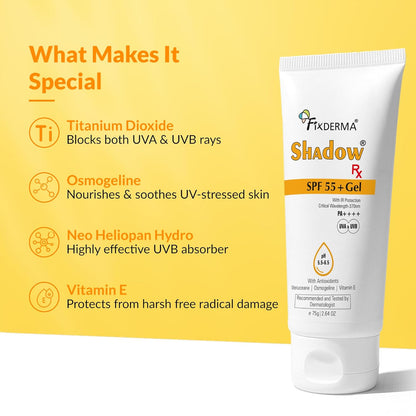 Fixderma Shadow RX Sunscreen SPF 55+ Gel PA++++ for Oily Skin | Sunscreen for Body & Face with UVA, UVB, IR Protection and Vitamin E - 75gm