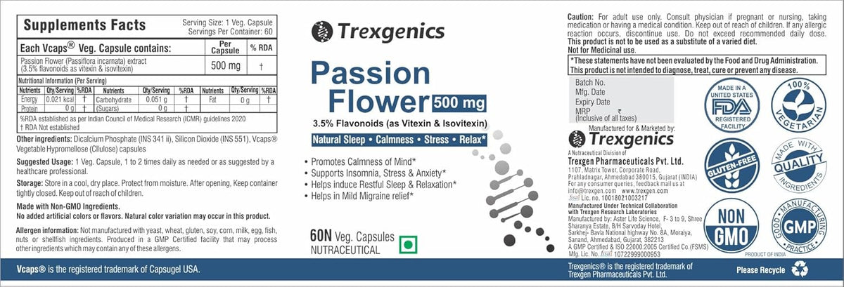Trexgenics Passion Flower supplement label with branding and certification logos.