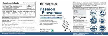 Trexgenics Passion Flower supplement label with branding and certification logos.