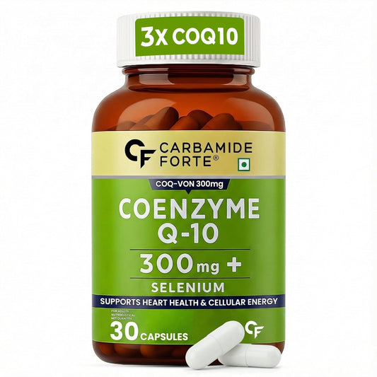 Bottle of Carbamide Forte Coenzyme Q-10 supplement with green and brown label on a white background