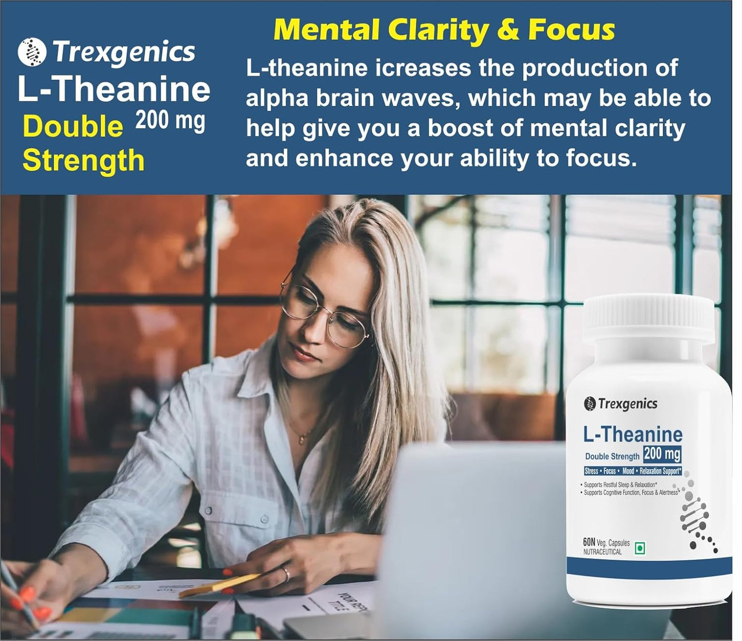 Trexgenics L-THEANINE 200 mg, Double strength Stress, Focus, Mood, Relaxation Support (60 Veg Capsules)