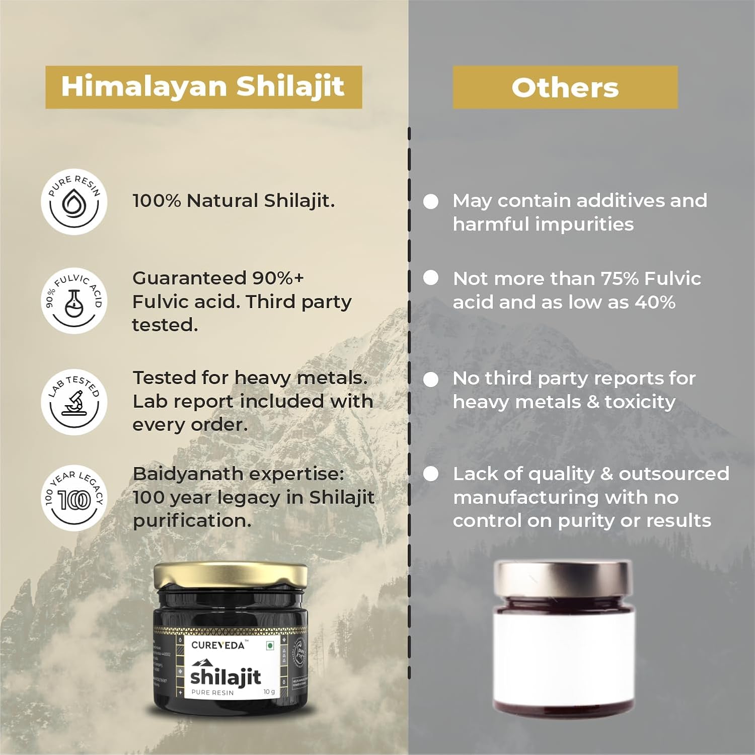 Comparison chart between Himalayan Shilajit and 'Others' on a beige and gray background.