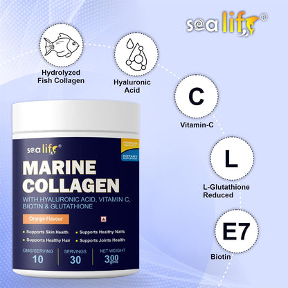 Sea life Marine Collagen Powder | Fish Collagen(300 GM) with Hyaluronic acid, Vitamin-C,Biotin & Glutathione for Hair, Nails, Skin, Muscle and Joints Health (Orange Flavour) Pack of-1