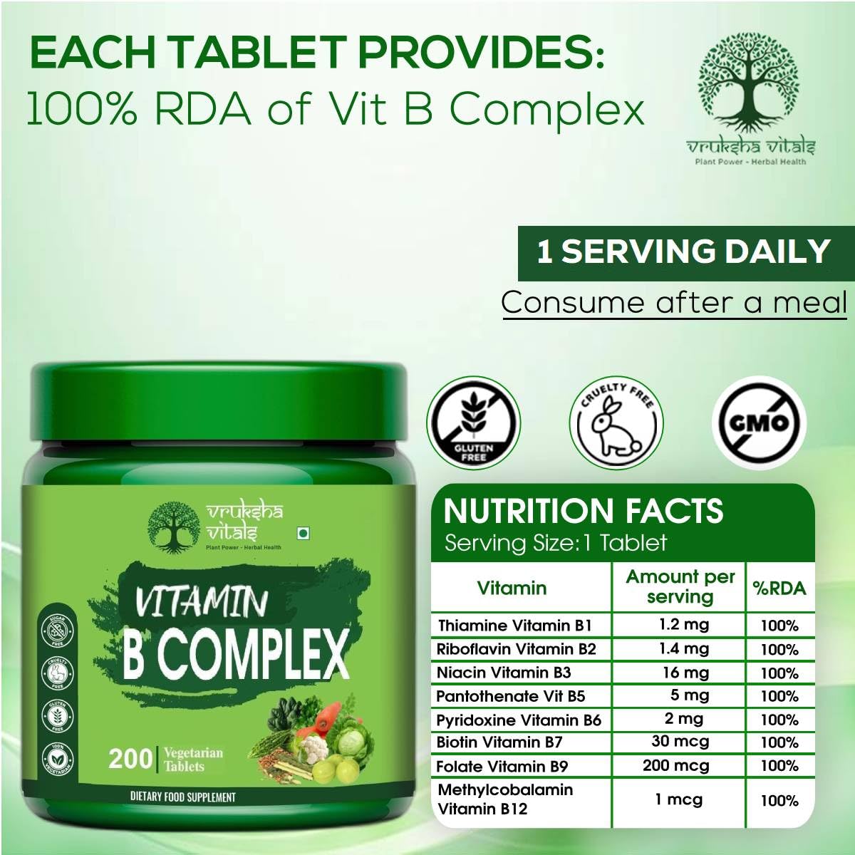 Vitamin B Complex supplement bottle with nutritional information on a green background