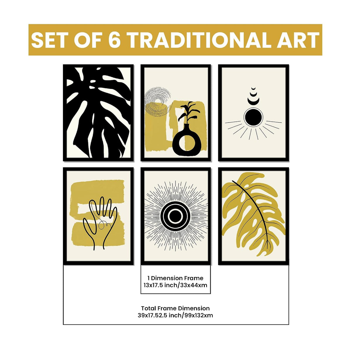 Abstract Botanical & Geometric Framed Painting Wall Art Set of 6 | Modern Neutral Prints | Beige, Brown & Black Tones | Engineered wood Frame Wall Décor, (Size: A3)