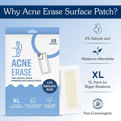 BAKE 2% Salicylic Acid Hydrocolloid Acne Absorbing (4 Patches) Surface Patch XL Pimple Patches for Blackheads Removal | Large Acne Erase Strips | Pore Cleansing & Reduces Whiteheads (10 Strips)