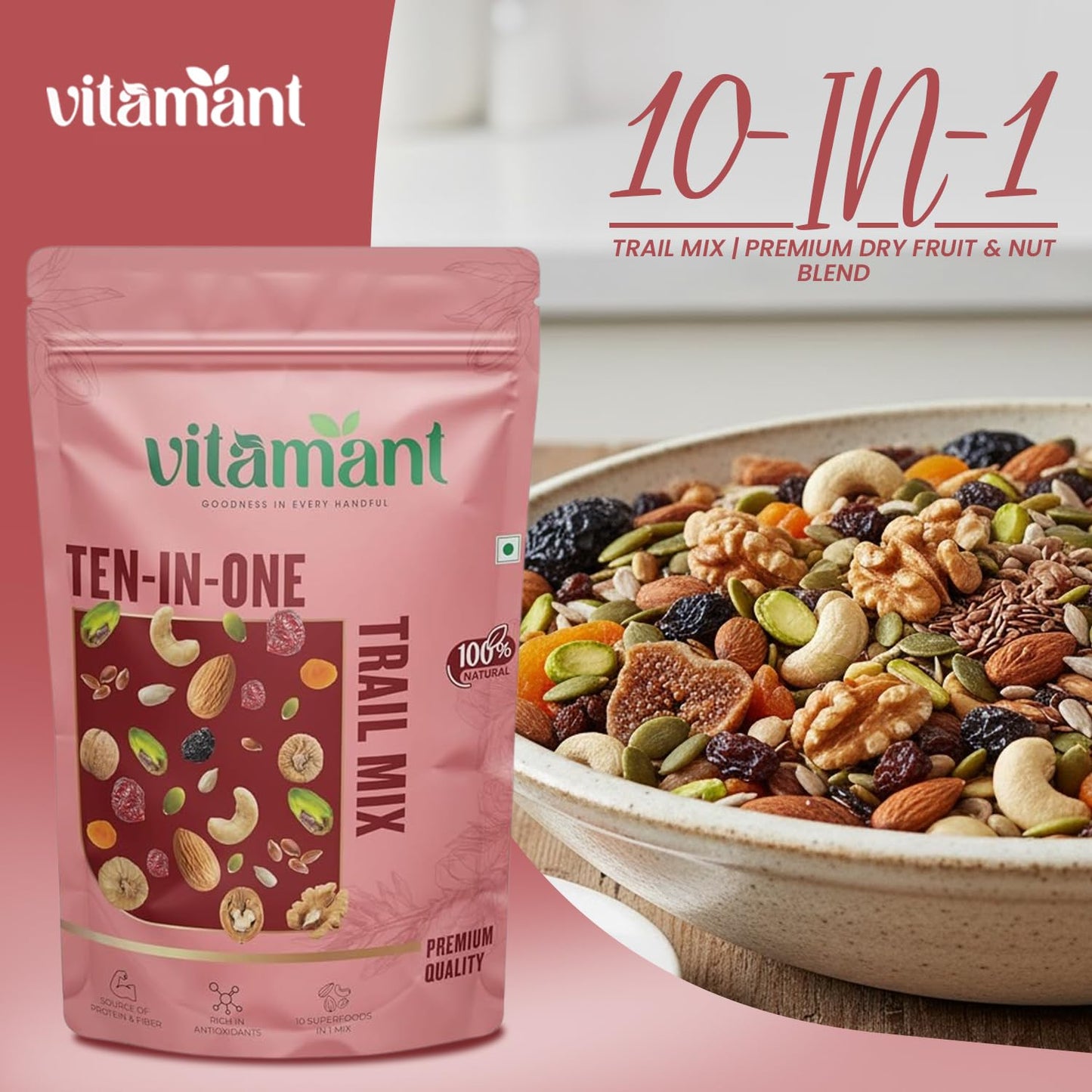 Vitamant 10-in-1 Trail Mix | Premium Mixed Dry Fruits, Nuts & Seeds | Healthy Snack | No Added Sugar | Source of Protein & Fibre | 400g