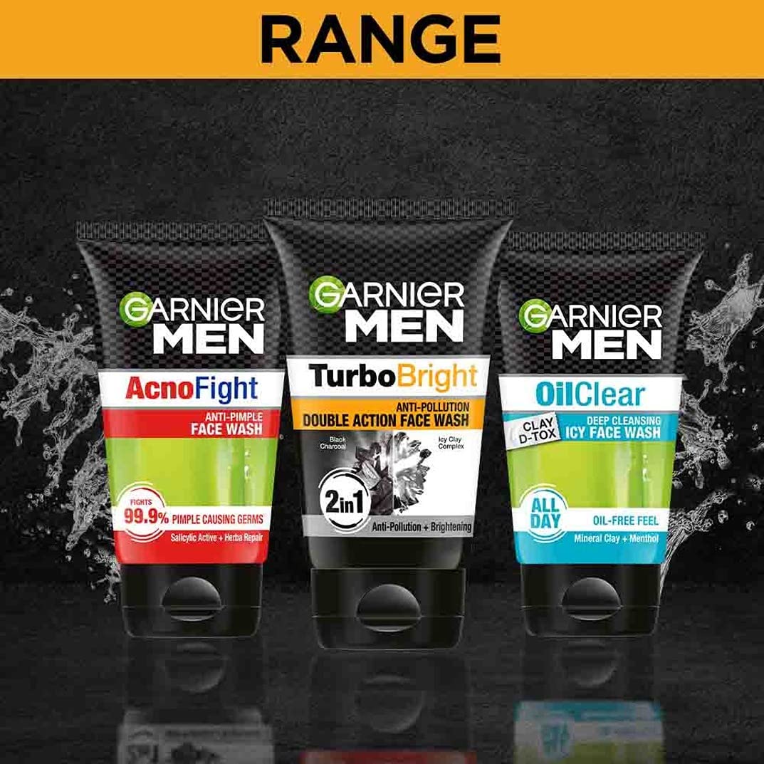 Three Garnier Men face wash products on a dark background with 'RANGE' text at the top.