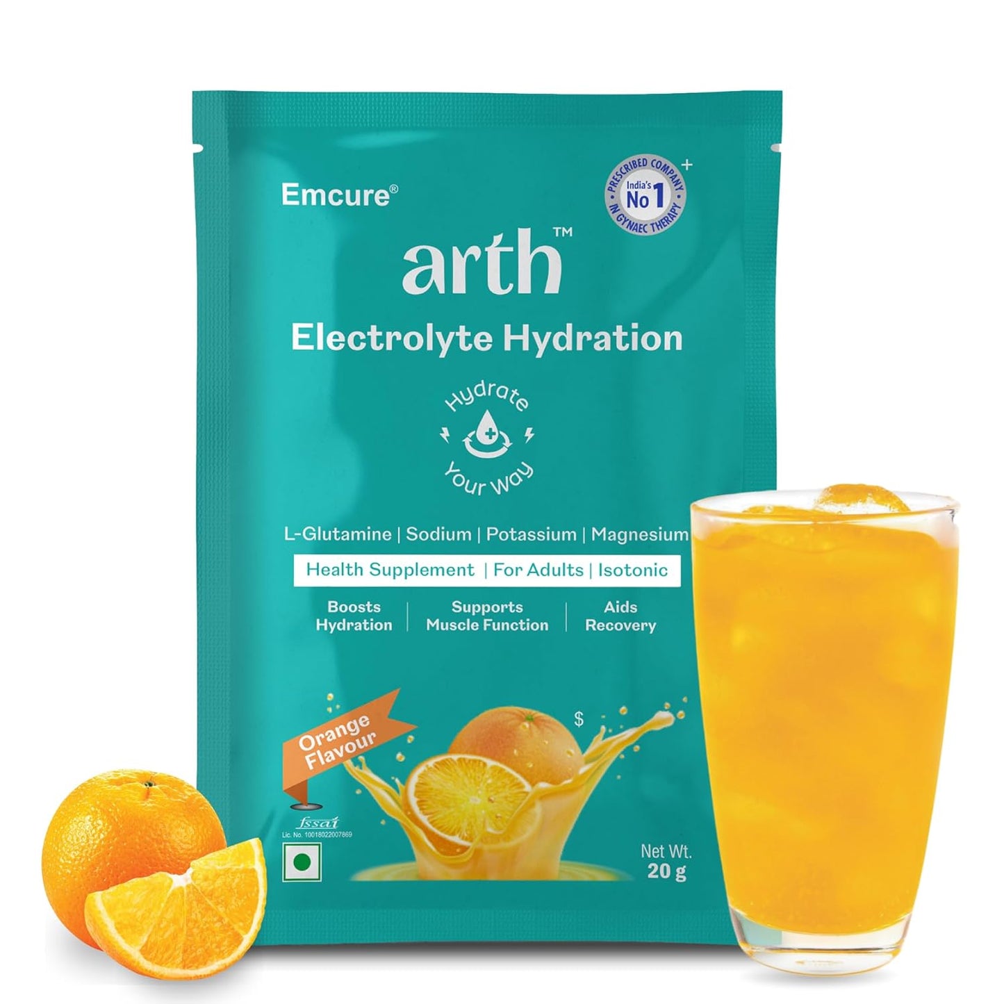 Arth Electrolyte Powder for Quick & Daily Hydration | With L-Glutamine, Potassium & Magnesium | Low Sodium Hydration Drink | Supports Muscle Recovery & Immunity | Orange Flavour | 20 Sachets