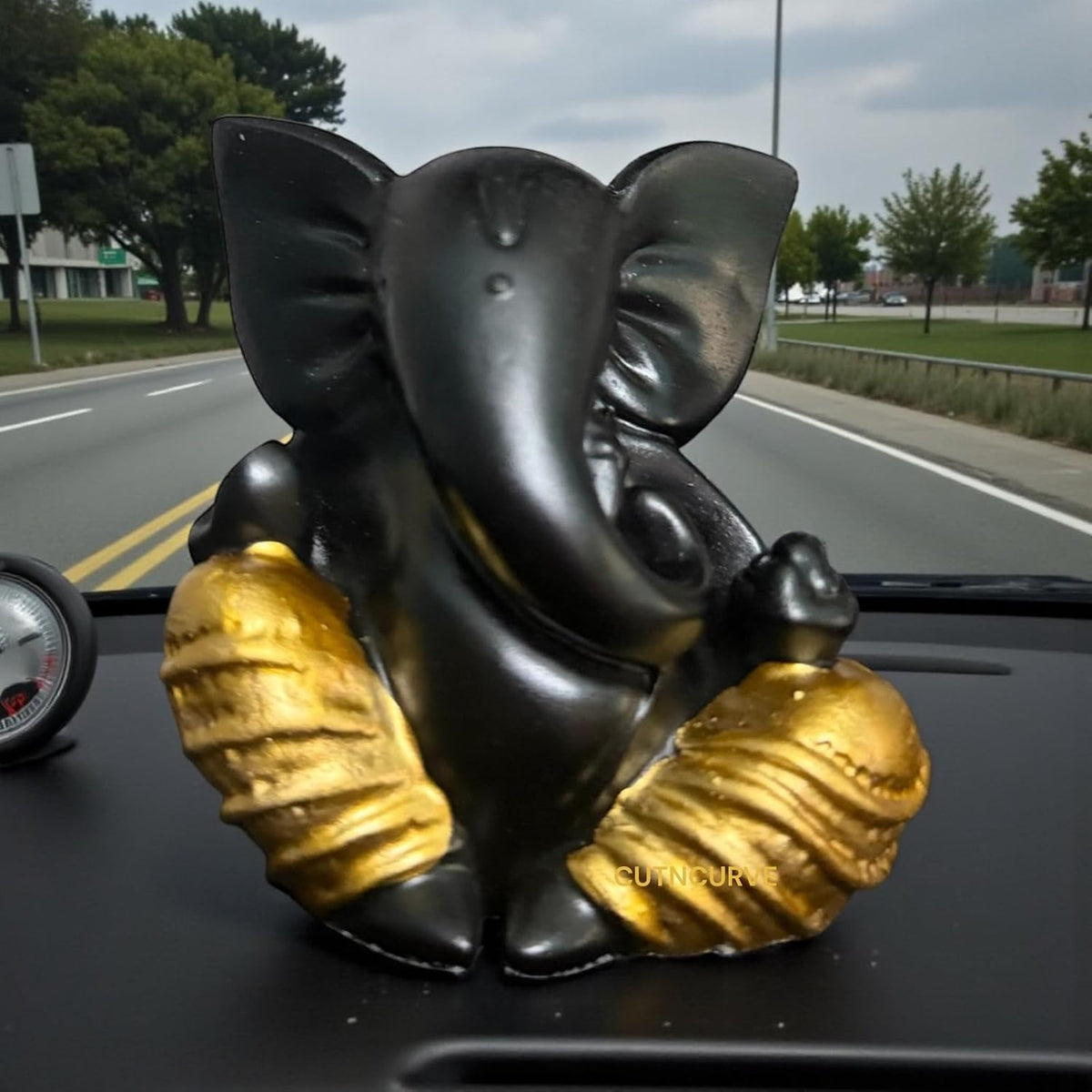 Lord Ganesha Idol for Car Dashboard | Composite Marble Ganesh | Available in White, Golden & Black | Small Sitting Ganpati Murti