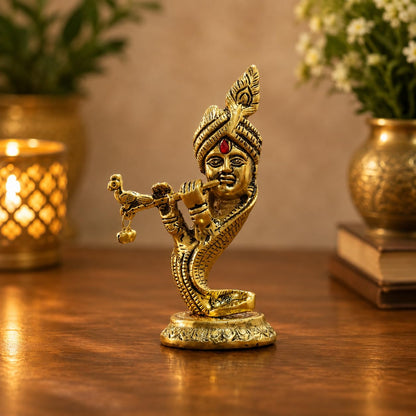 KridayKraft Lord Krishna Idol Playing Flute with Peacock, 14 cm Golden Aluminium Bansuri Krishna Murti for Home Mandir, Pooja Room, Janmashtami Décor & Religious Gifting