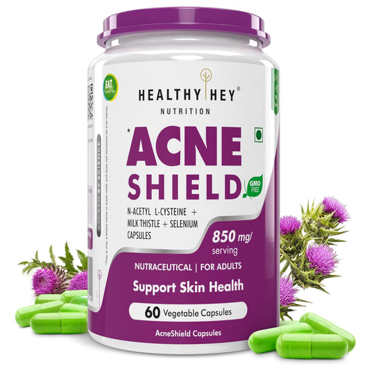 Healthy Hey Nutrition Acne Shield supplement container with capsules on a white background