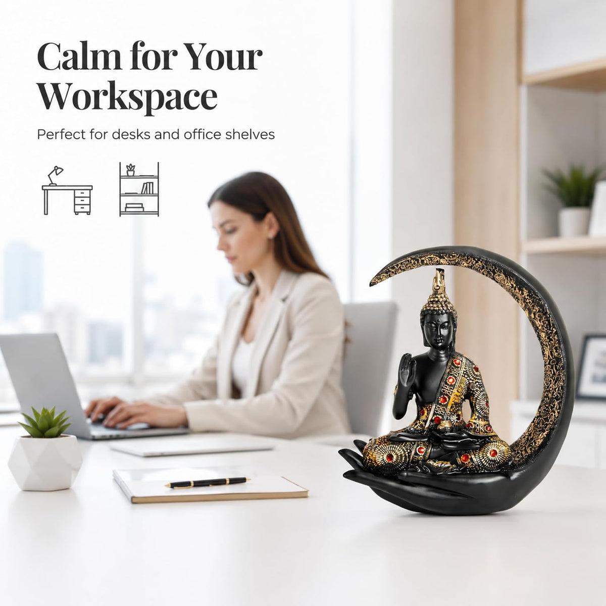 10 Inch 3D Meditating Buddha Statue with Crescent Moon | Black Resin Buddha Idol for Home Decor, Living Room, Office Desk & Gift | Lucky Spiritual Decorative Showpiece