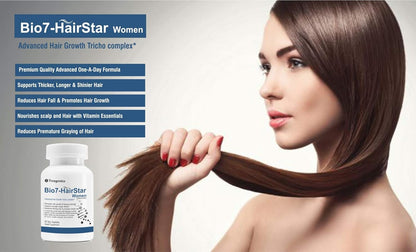 Bio7-HairStar Women hair growth product with a woman holding her hair.