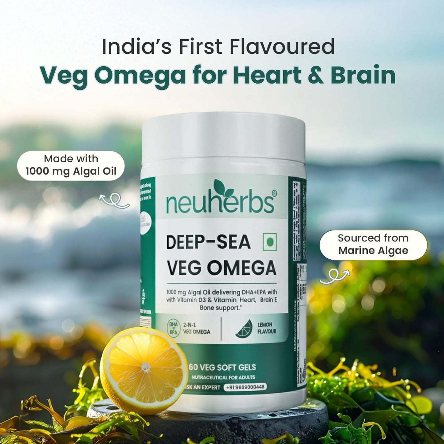 Neuherbs Deep-Sea Veg Omega 3 Supplement | 1000mg Algal Oil | Omega3 Vegetarian Capsules | Supports Heart, Brain, Skin & Bone Health | 100% RDA Vitamin D3 & E | Heavy Metals Tested - 60 Veg Softgels