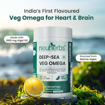 Neuherbs Deep-Sea Veg Omega 3 Supplement | 1000mg Algal Oil | Omega3 Vegetarian Capsules | Supports Heart, Brain, Skin & Bone Health | 100% RDA Vitamin D3 & E | Heavy Metals Tested - 60 Veg Softgels