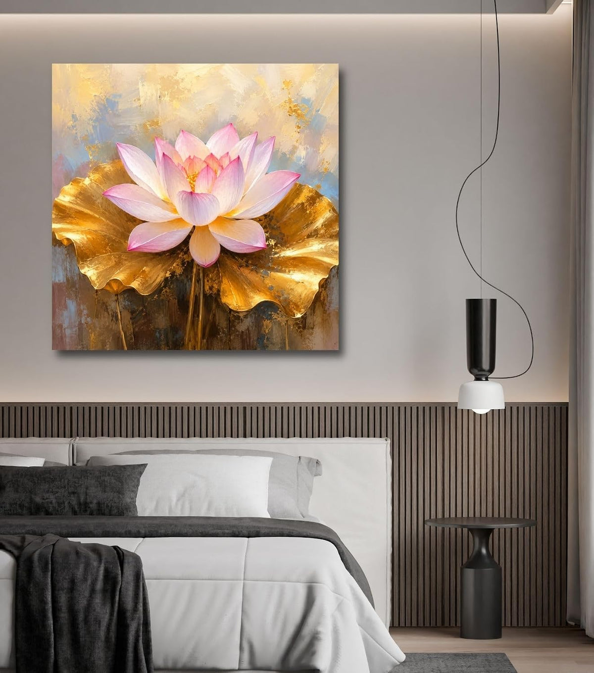 Lotus Flower Painting for Wall Vastu (15+ DESIGNS) Framed Lotus Canvas Painting for Living Room, Bedroom | Nature Floral Wall Art with Multiple Design Variations (Pink Golden Lotus, 18x18 Inch, Framed)