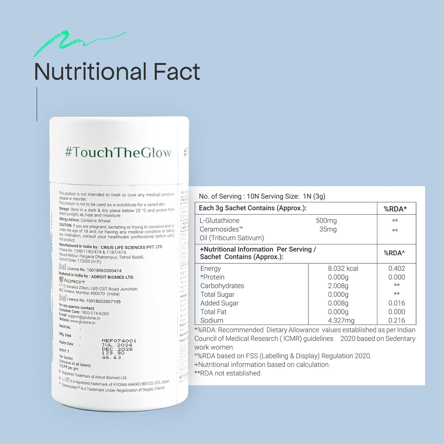 Nutritional facts label on a supplement container with a blue background