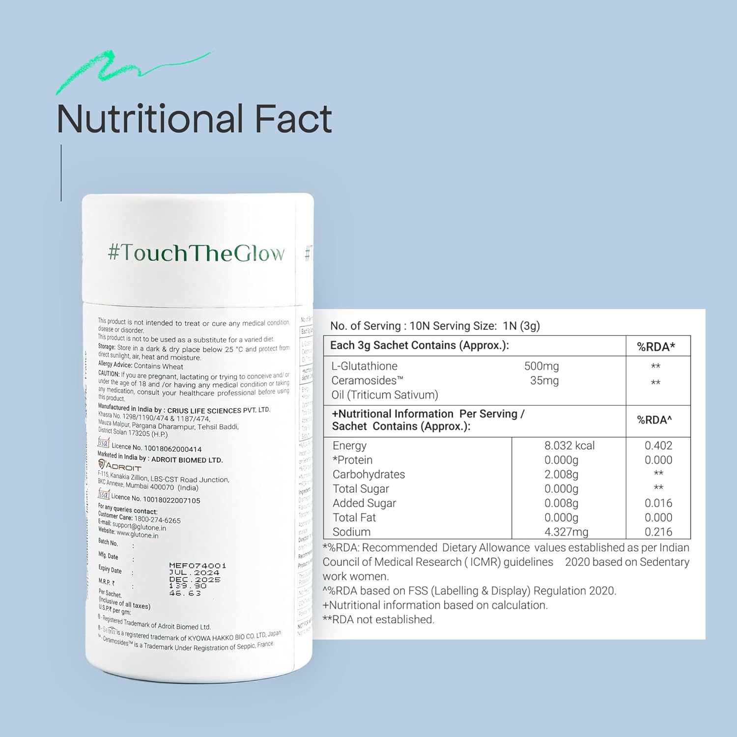 Nutritional facts label on a supplement container with a blue background