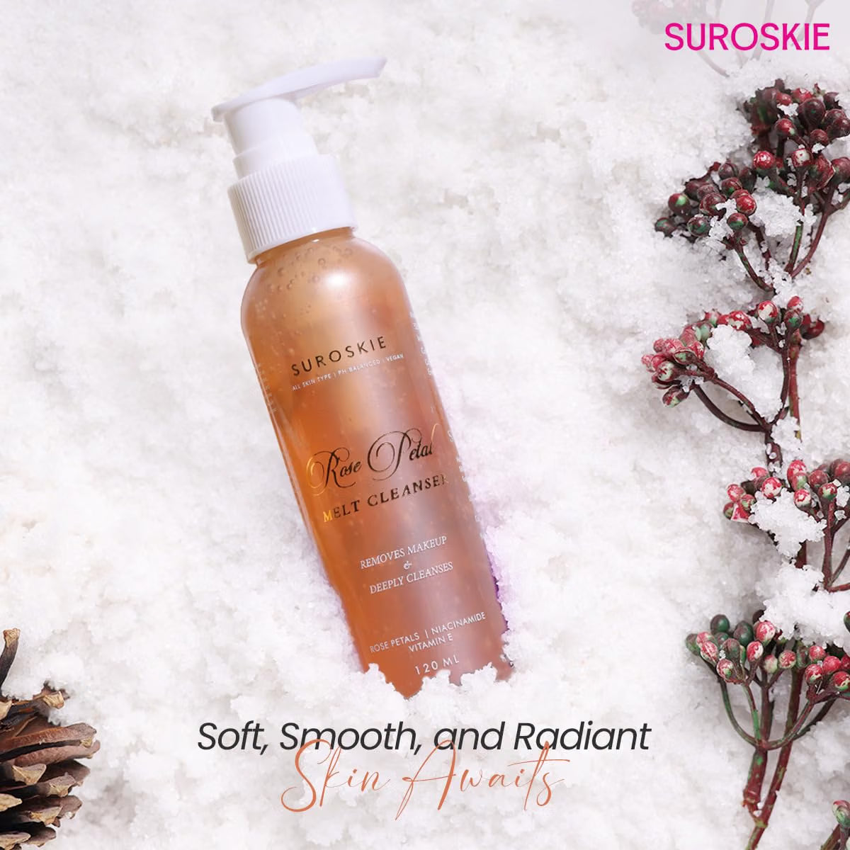 Suroskie Rose Petals Melt Cleanser 120Ml |2-In-1 Face Wash & Makeup Remover | Rose Water, Niacinamide & Vitamin E For Nourished, | Brightens & Glow | Suitable For All Skin Types – Men & Women