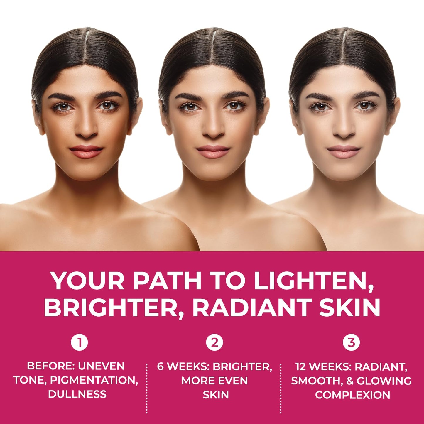Three stages of a woman's skin improvement journey with text on a pink background