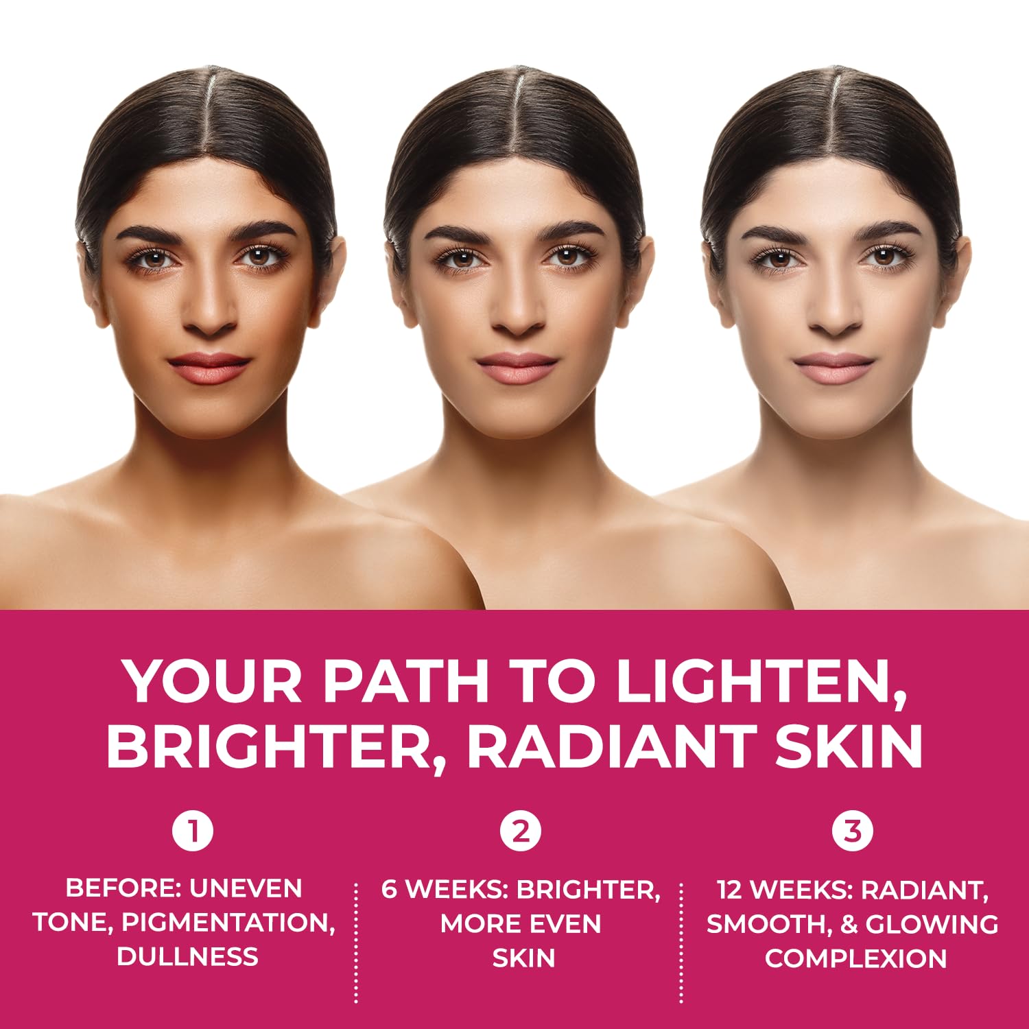 Three stages of a woman's skin improvement journey with text on a pink background