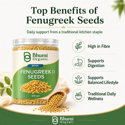 Bhumi Organic Fenugreek Seeds (Methi Dana) – Whole, 500g | Jaivik Bharat Certified, For Hair Growth, Diabetes & Digestion, No Preservatives