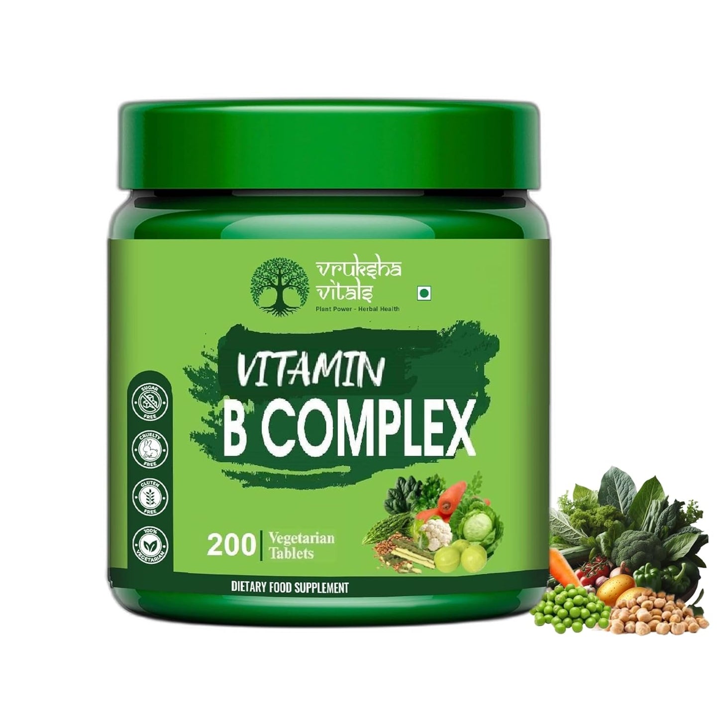 Green container of Vitamin B Complex supplement with brand logo and product details on a white background.