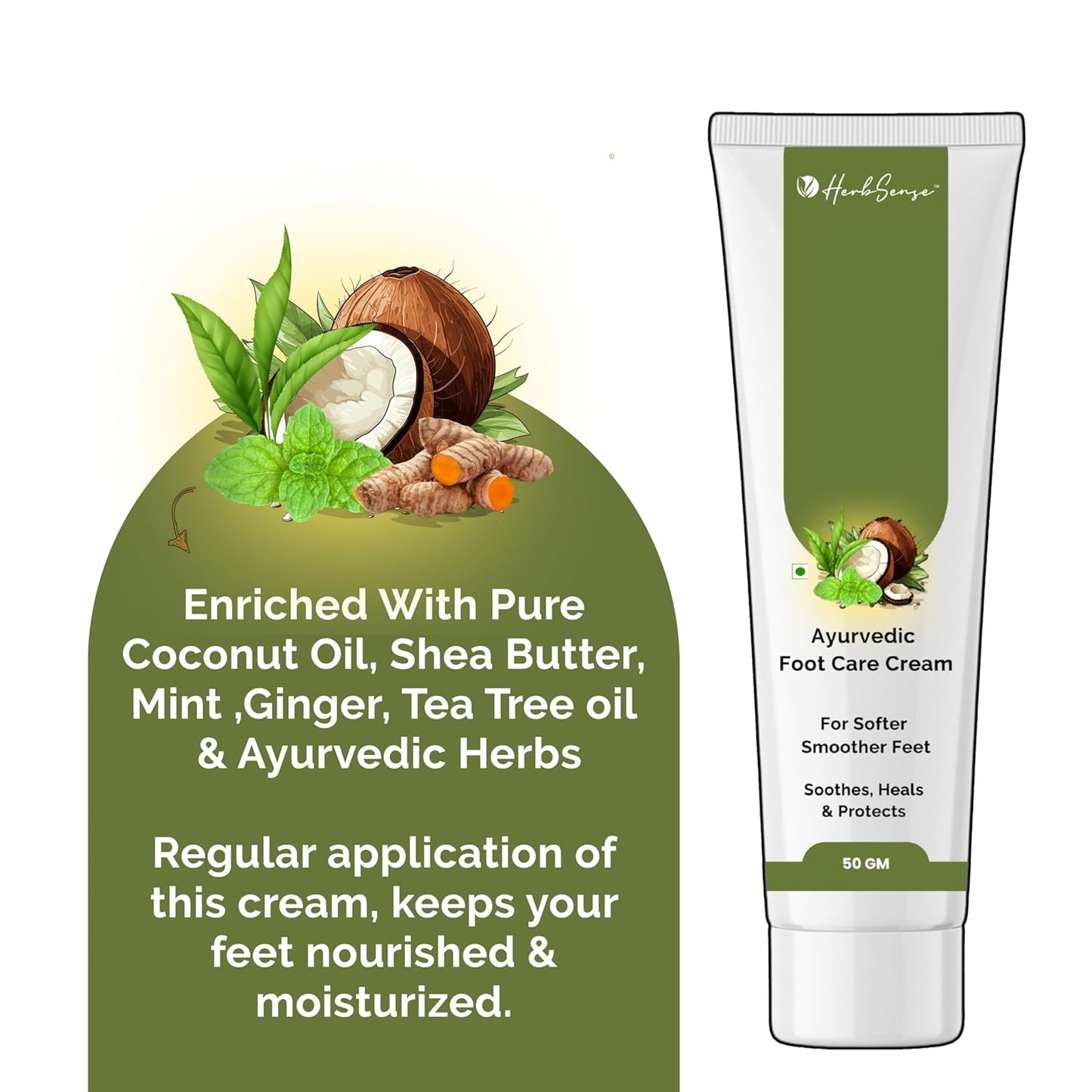 HerbSense Ayurvedic Foot Care Cream, For Dry & Cracked Heels, Enriched Shea Butter, Ginger, Lemon Coconut Oil & Herbs, 50g, Soothes, Heals & Protects