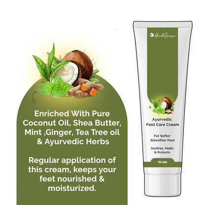 HerbSense Ayurvedic Foot Care Cream, For Dry & Cracked Heels, Enriched Shea Butter, Ginger, Lemon Coconut Oil & Herbs, 50g, Soothes, Heals & Protects