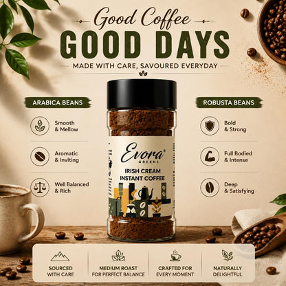 EVORA Greens 100gm Instant Coffee Powder | Irish Cream Flavour | Coffee with Arabica & Robusta Blend - Medium Roast | Make Café Style Hot or Cold Coffee, black Coffee, Cappuccino, Latte at Home | Make 50 Cups