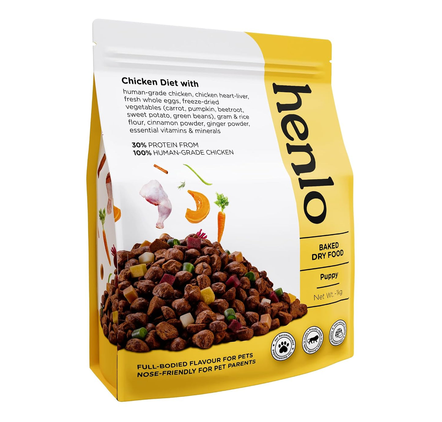 Henlo Baked Dry Dog Food For Puppies | 1Kg |100% Human-Grade Ingredients | Nutritionally Balanced Healthy Dog Food | Chicken Flavour | Suitable For All Breeds, 1 Count