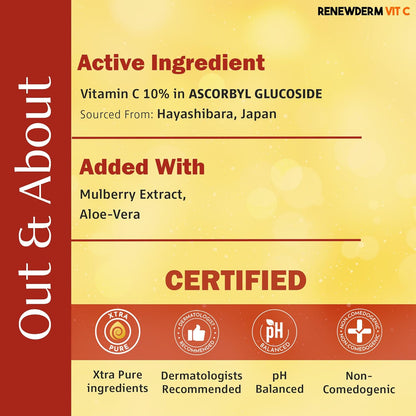 RENEWDERM Vit C Serum Skin Brightening Antioxidant with Vitamin C 10% | Reduces Dark Spots I For Glowing Skin | With Vitamin-C, Aloe Vera & Mulberry Extract, 30ml