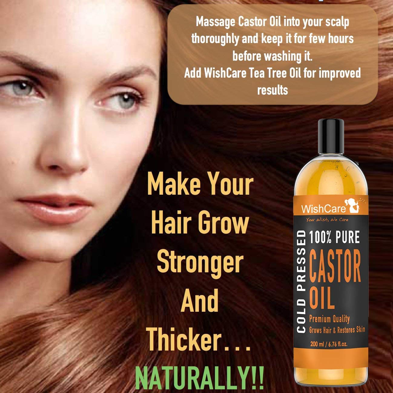 Advertisement for WishCare Castor Oil with a woman's face and text about hair growth.