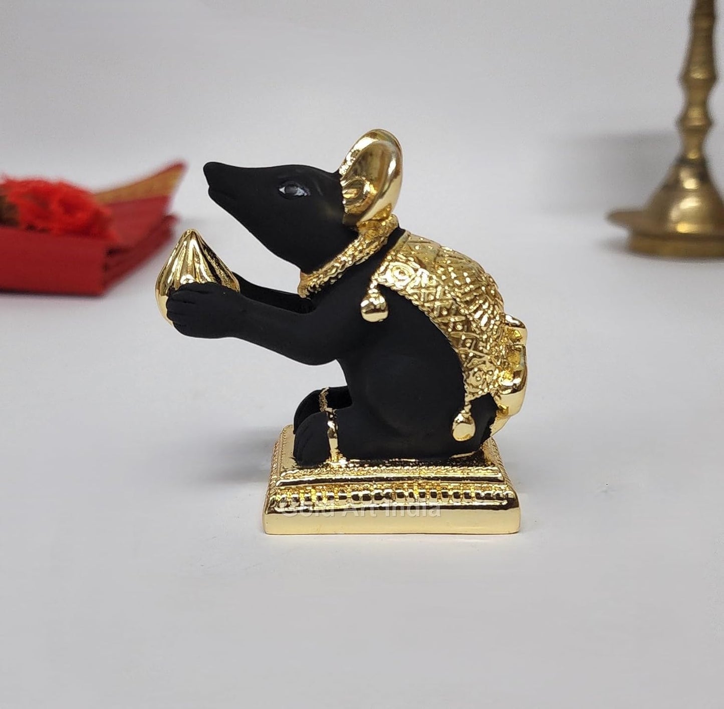 Gold Art India Gold-Plated Mushak (Mooshak) Mouse Pair with Modak | Black Terracotta Finish | Mouse Idol | Vehicle (Vahana) of Lord Ganesha | 2.5 Inch Height | Mandir (Set of 2 pcs)