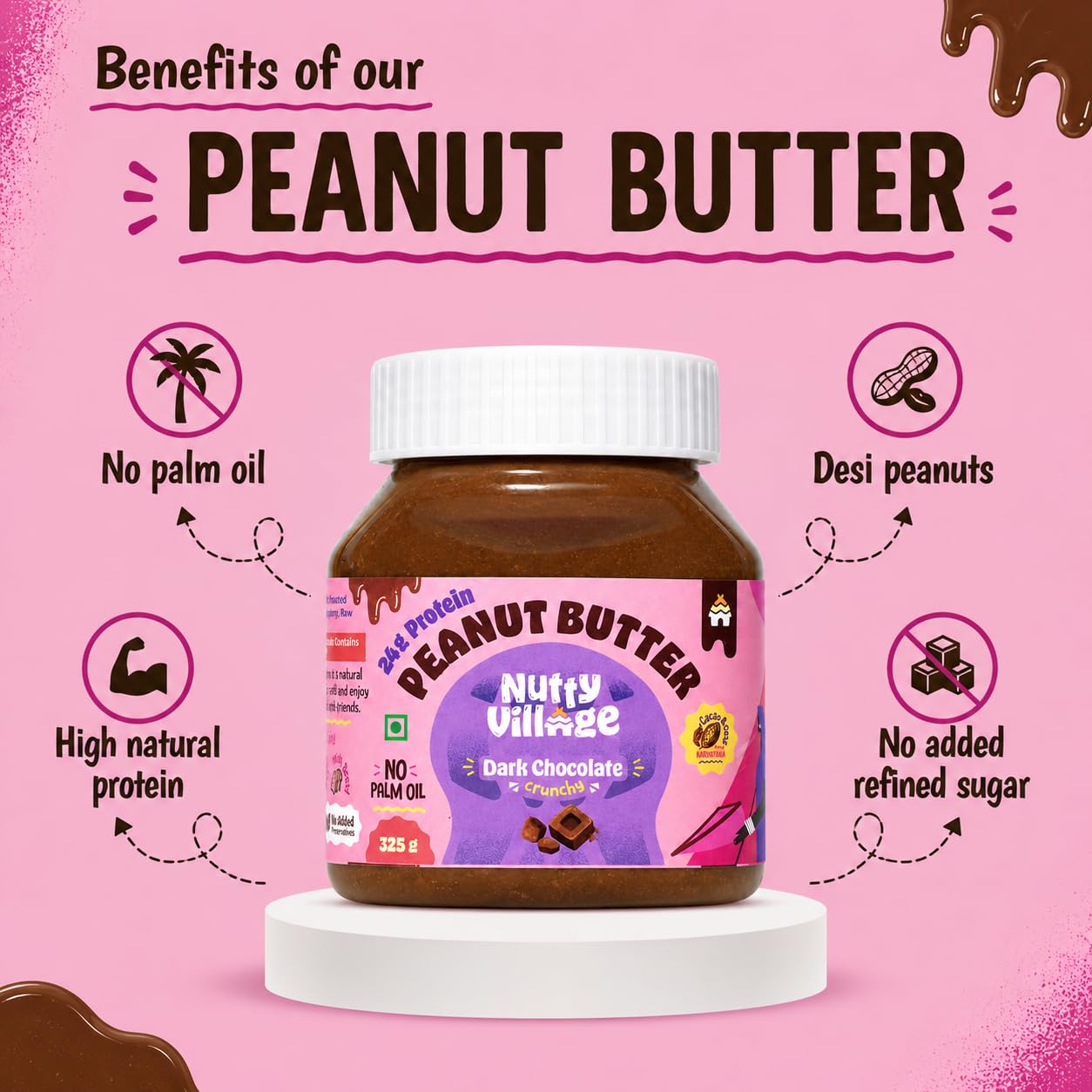 Nutty Village Dark Chocolate Peanut Butter Crunchy with 24g Protein - No Refined Sugar and No Palm oil - Vegan and Gluten free - Healthy Spread for Breakfast - 325G Peanut butter