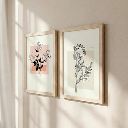 Minimalist Line Art Floral Wall Art Frames Painting Set of 2 | Modern Abstract Botanical Framed Posters Artwork | Neutral Beige Aesthetic Scandinavian Home Decor Frames for Living Room, Bedroom and Office (Ready to Hang) (Natural, Art-19, 10x13inch)
