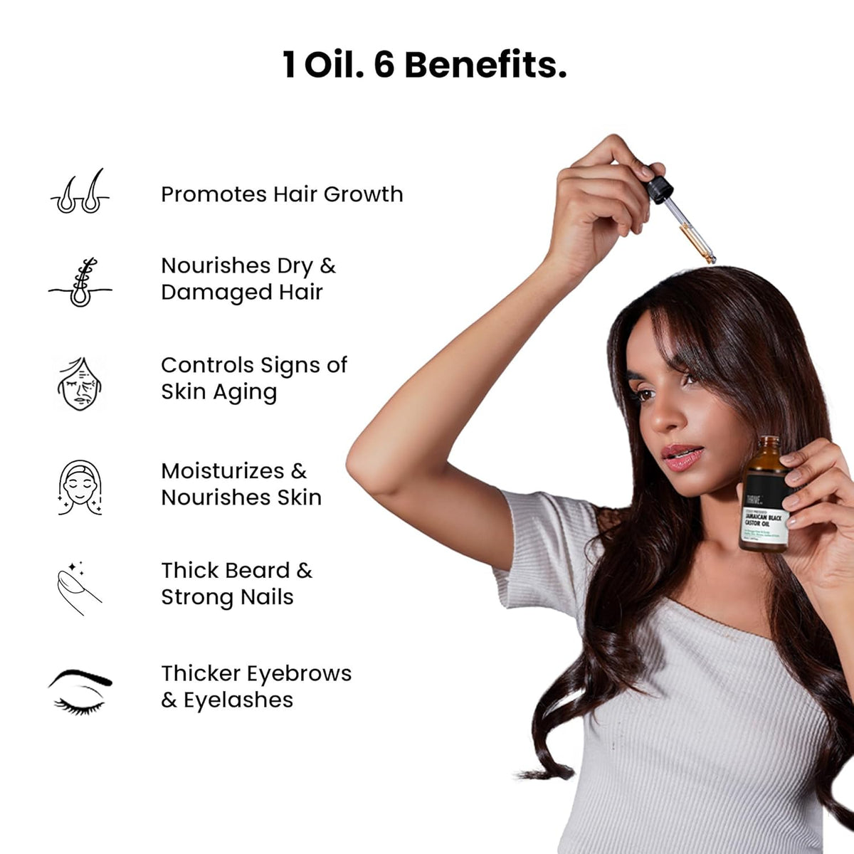 Woman holding a dropper with oil and text listing benefits on a white background
