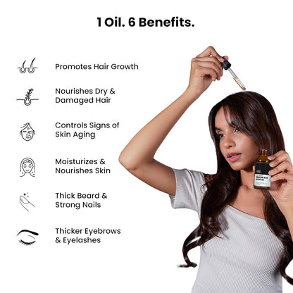 Woman holding a dropper with oil and text listing benefits on a white background