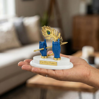 Krishna Flute Showpiece for Car Dashboard – Jai Shree Krishna Decorative Idol with Mor Pankh, Spiritual Dashboard Decor for Home Temple, Office Desk, Vastu Gift Item