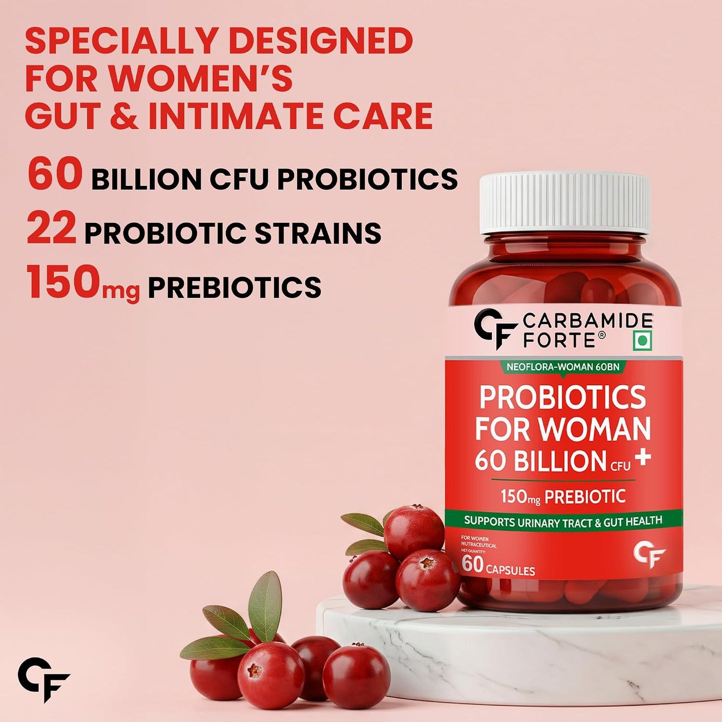 Carbamide Forte Women’s Probiotics Supplement 60 Billion CFU | Gut Health Supplements with Cranberry Extract | Pre & Probiotics Supplement for Gut Health | 60 veg Capsules