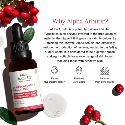 Juicy Chemistry 2% Alpha Arbutin + D-Gallic Acid Serum, 30 ml | Fades Pigmentation, Dark Spots & Acne Scars | Hydrates & Brightens Skin Tone | Lightweight | All Skin Types | Dermatologically Tested