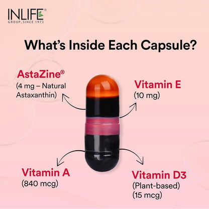 INLIFE Astaxanthin 4 mg Supplement AstaZine | Natural Antioxidant Supplement with Vitamin A, D3 & E – High Absorption Formula – 30 Liquid Filled Vegetarian Capsules