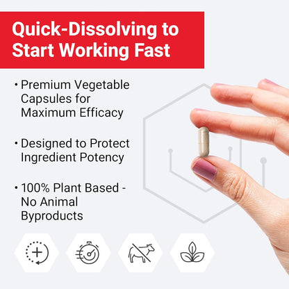 Hand holding a capsule with text about quick-dissolving capsules and their benefits on a white background.