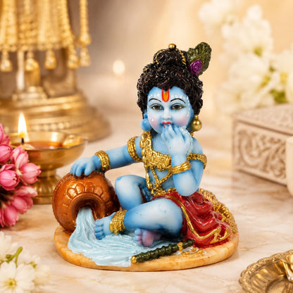 Bal Krishna Makhan Chor Idol 4 Inch | Kanha Ji Murti Marble Dust Statue | Bal Gopal Thakur Ji for Home Temple, Pooja Mandir Decor | Janmashtami Gift & Housewarming Decoration