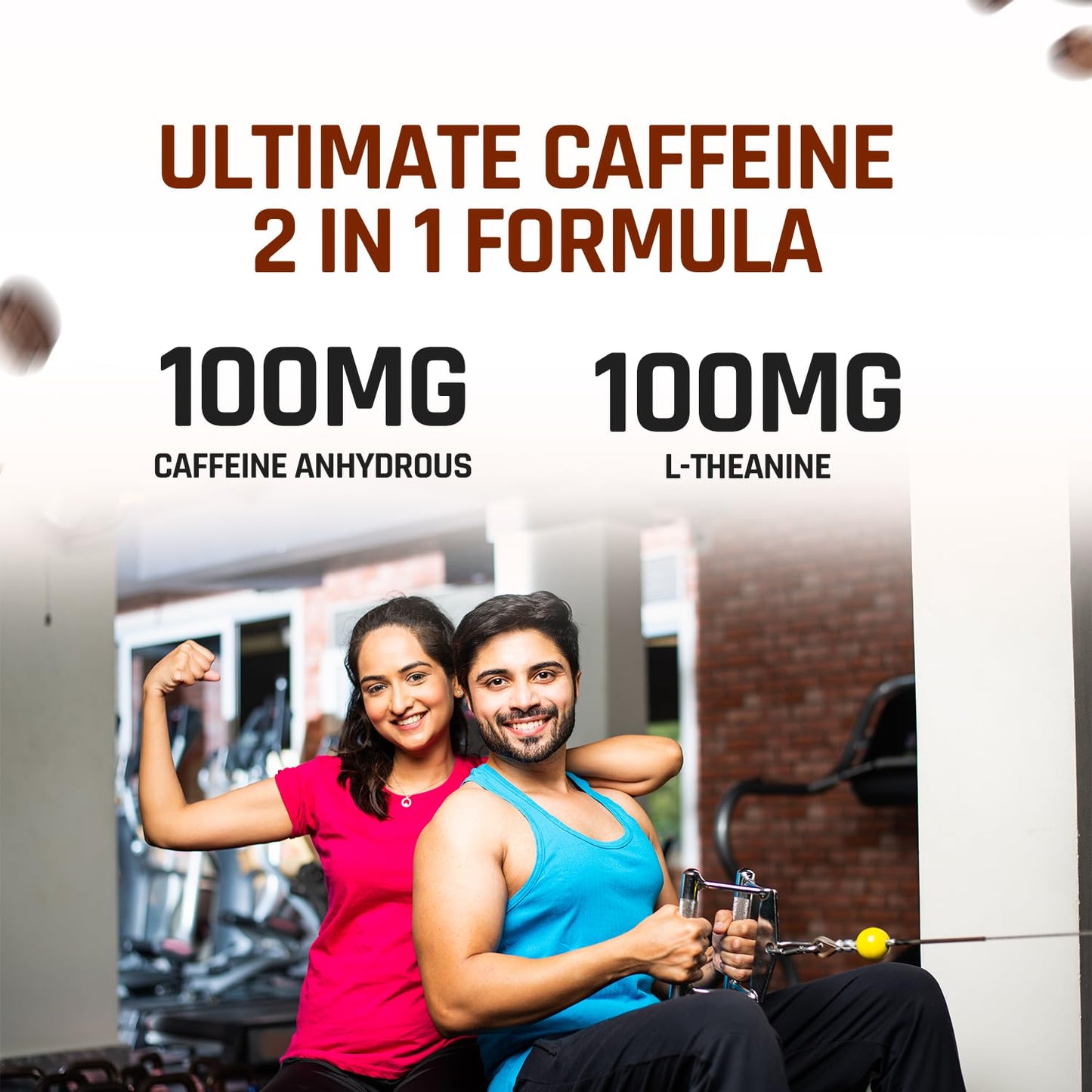 Advertisement for a caffeine supplement with two people in a gym setting.