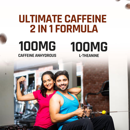 Advertisement for a caffeine supplement with two people in a gym setting.