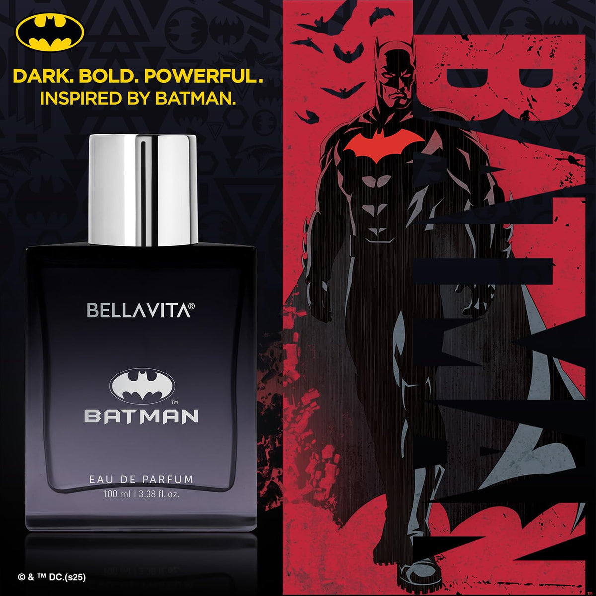Bellavita Batman Eau de Parfum bottle with Batman graphic in the background