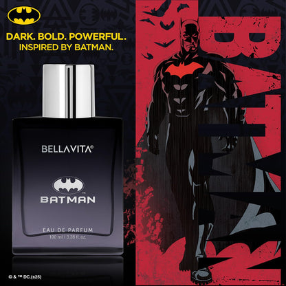 Bellavita Batman Eau de Parfum bottle with Batman graphic in the background